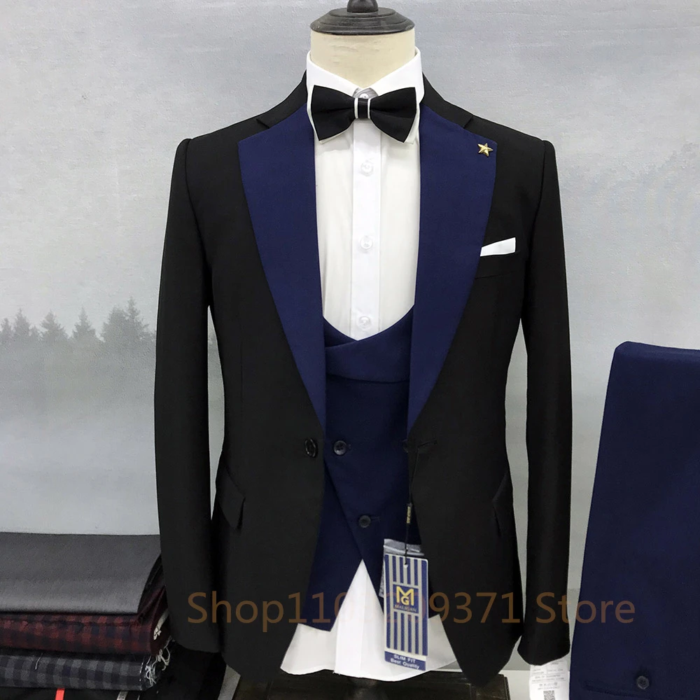 3 Piece Men\'s Suit Wedding Groom Tuxedo Black Jacket Set Formal Blazer Purple Pants Vest Slim Fit Outfit Costume Mariage Homme