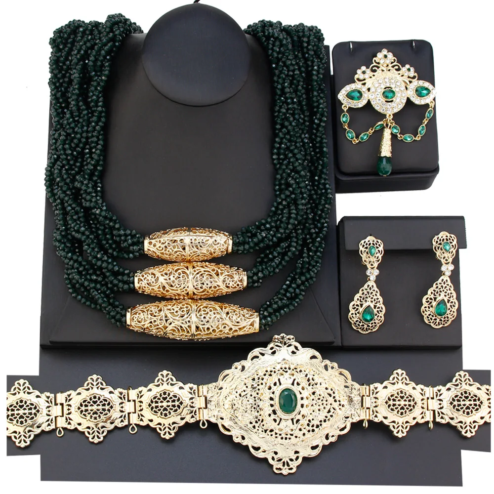 

Sunspicems Gold Color Moroccan Wedding Jewelry Sets For Women Bead Necklace Brooch Drop Earring Caftan Belt Bride Bijoux Gift