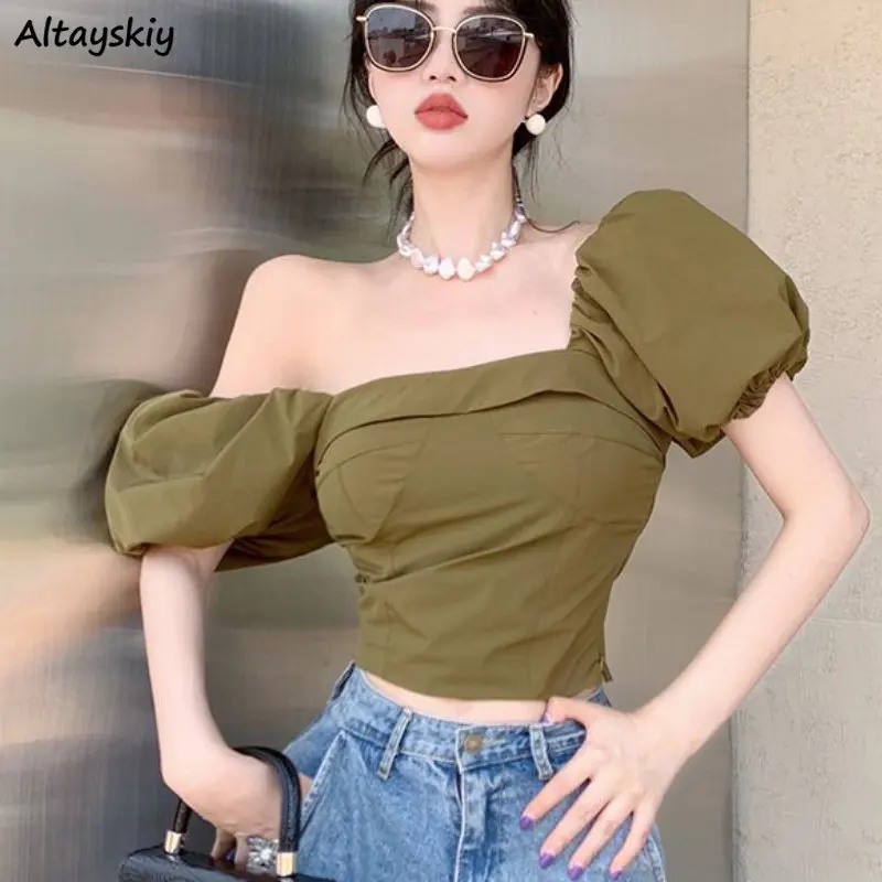 

Blouses Women Backless Vintage Elegant Puff Sleeve Summer Sweet Personality Ulzzang Casual Streetwear Square Collar Crop Tops