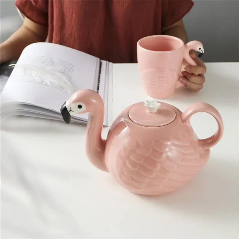 Exquisite 3D Flamingos Coffeware Sets Kung Fu Tea Set Chinese Cup Ceramic Cups and Mugs Teapot Gaiwan Shu Puer Kettles Pot