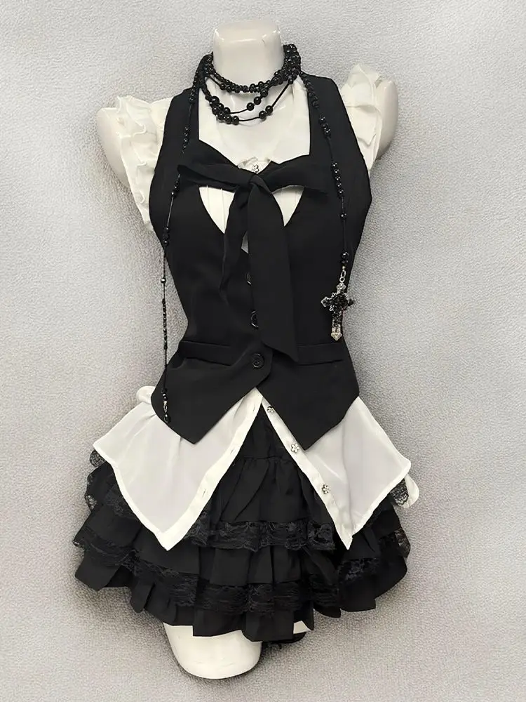 

Vintage Gothic Slim Sleeveless 3-piece Set Women Fashion Elegant Skinny Bow Suit Female Harajuku Y2k Hot Girl Short Skirt Outfit