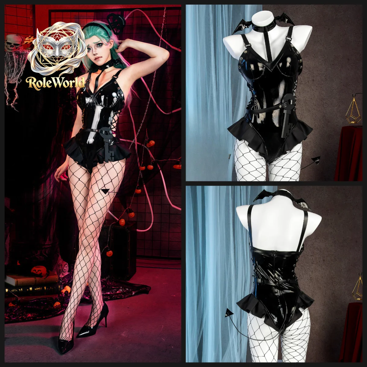 Black Gothic Little Devil Cosplay Costume Female Gothic Leather Skirt Outfit for Halloween Carnival Photoshoot