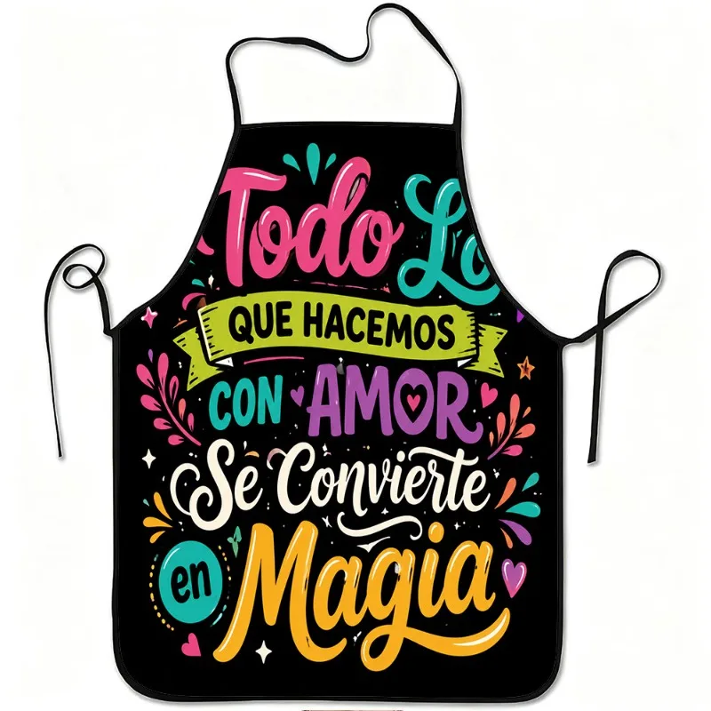 1pc 2D Flat Unisex Chef Apron, Black Background Spanish Inspirational Heart Flower Star Print for Baking, BBQ & Household Use