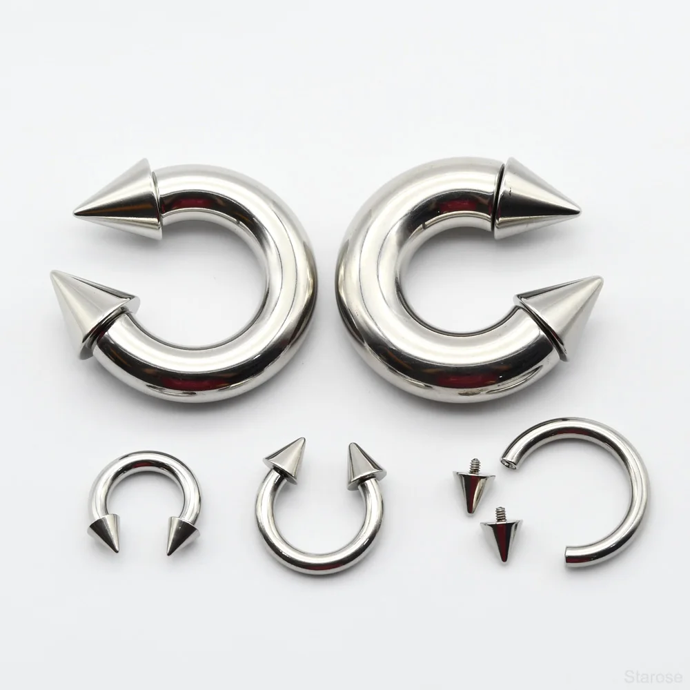 0G Punk Spike Large Size Internally Threaded Stainless Steel Cone Circular Barbell Piercing Septum Nose Ring Hoop Helix Earrings