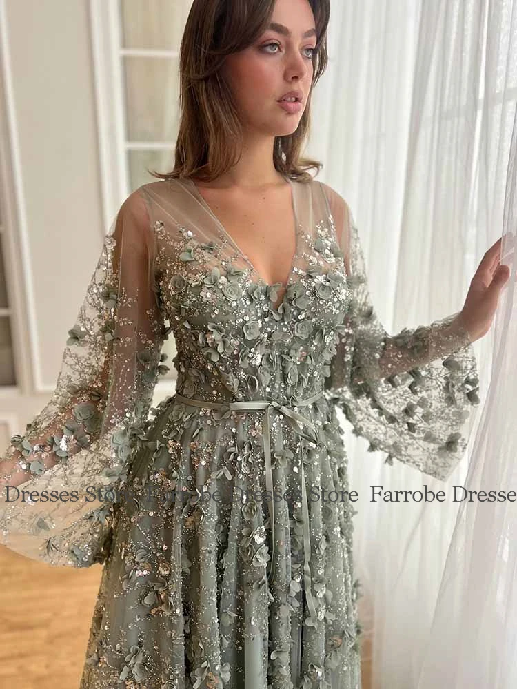 夢のような誕生日パーティー ドレス レース Aライン プロムドレス ジェイド Vネック アップリケ ベルト ラッフル スパンコール ホームカミングドレス ロング 2025