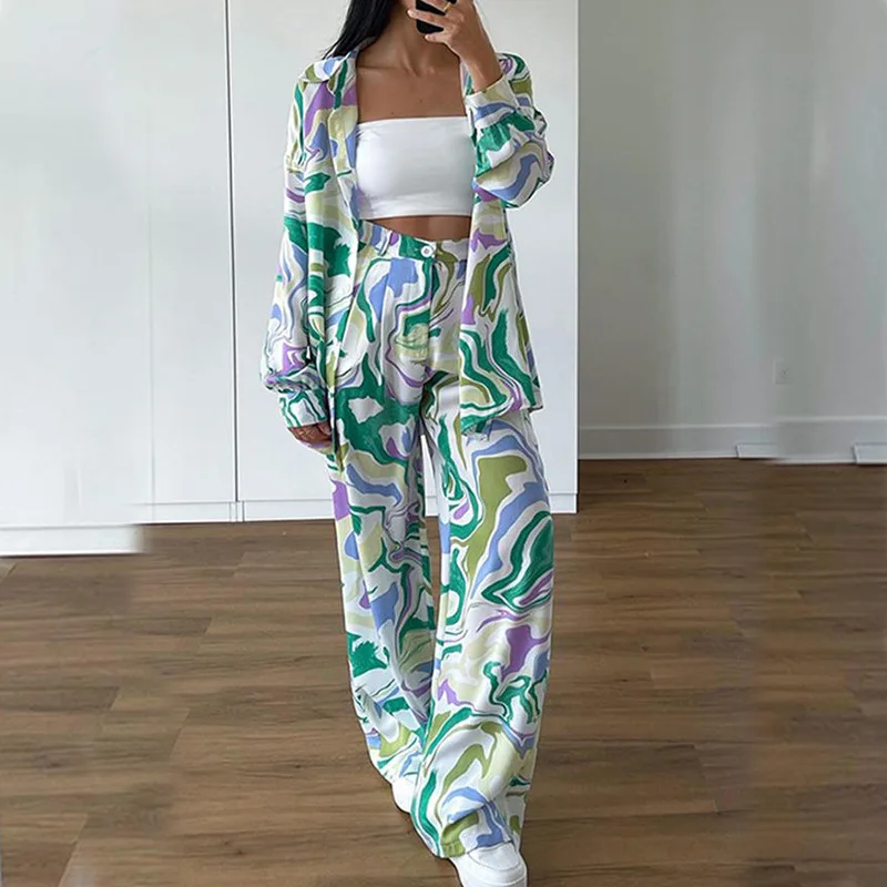 

Women Y2K 2 Piece Floral Pants Set Long Sleeve Button Down Shirt Wide Leg Loose Pants Outfits Matching Sets Loungewear