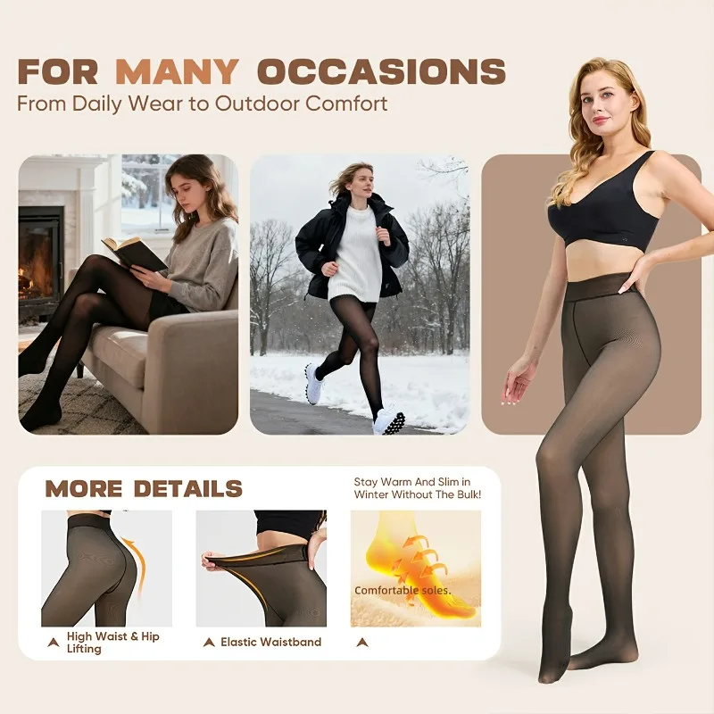 Thermal Pantyhose Women Fleece Lined Tights Winter Warm High Waist Tummy Control Slim Translucent Thick Black Stockings Elastic
