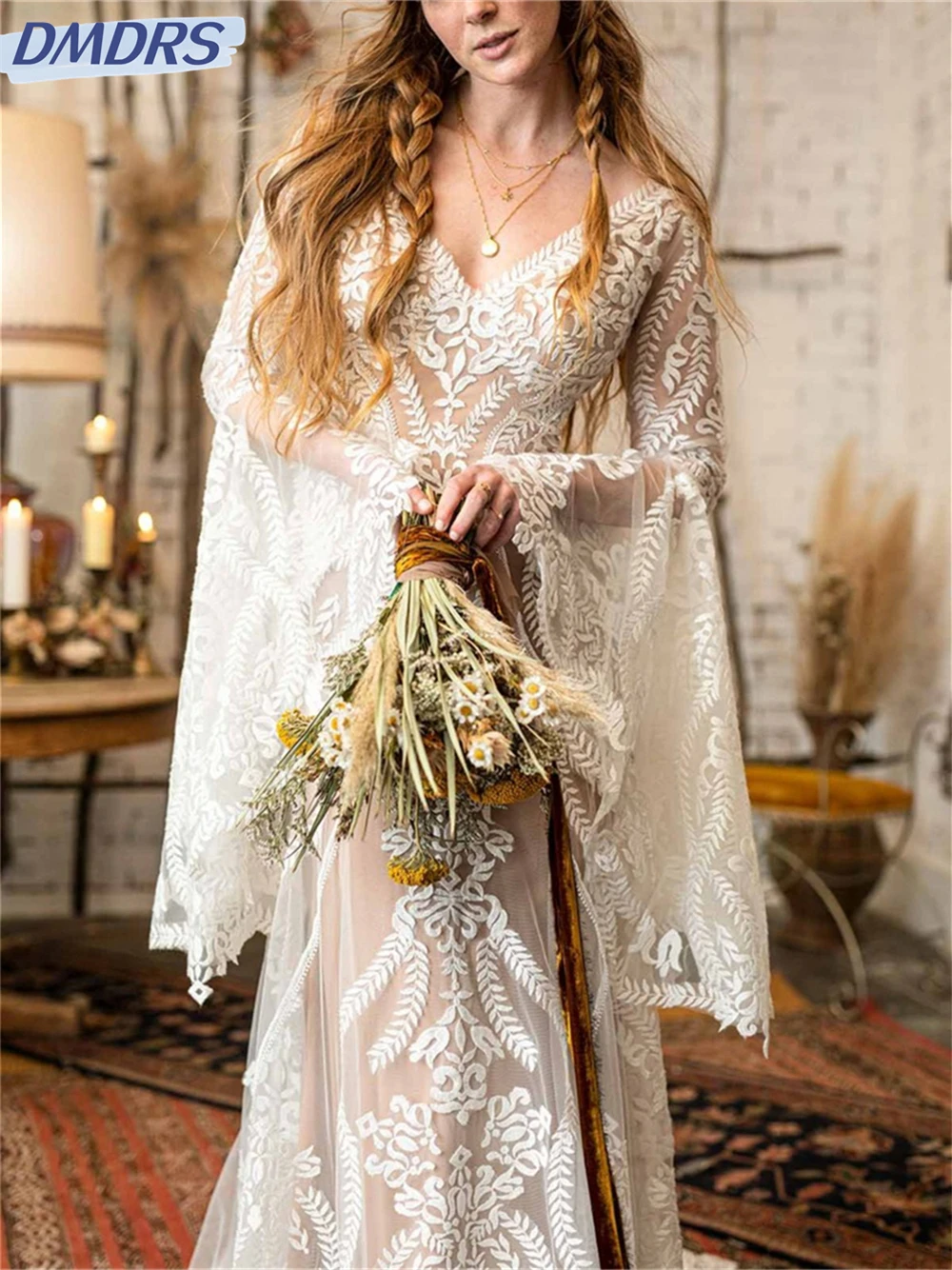 

Graceful Long Sleeve Boho Wedding Dress Simple Lace Appliquéd Bridal Dresses Sexy Deep V Neck Floor Length Gown Vestido De Novia