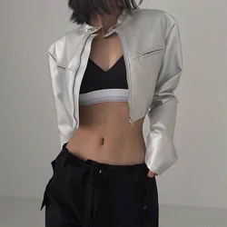 Women Fashion Silver PU Leather Crop Jackets Top 2024 Autumn Long Sleeve Zip-up Motorcycle Coats Casual Streetwear Outerwear