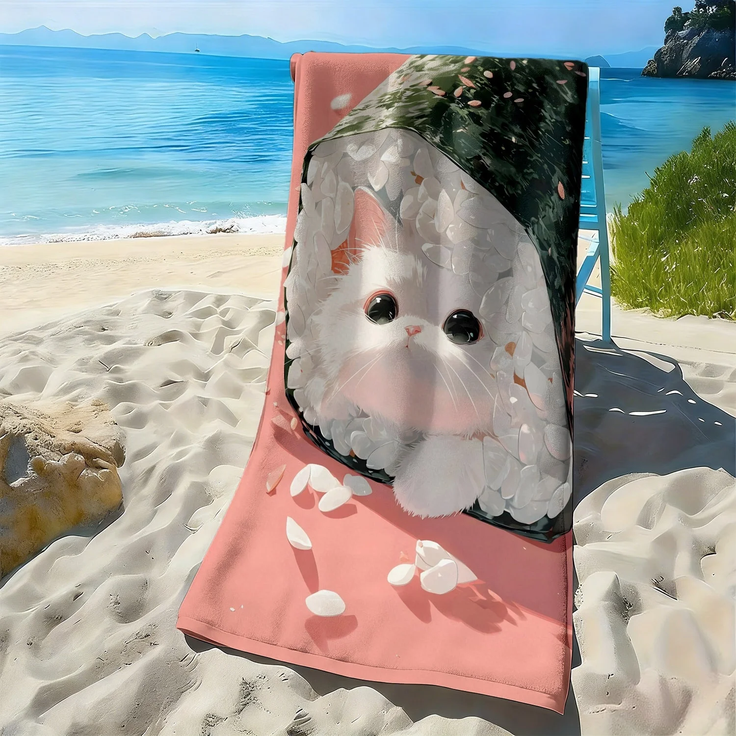 Cute and Delicious Sushi Cat Theme polyester microfiber beach towel is highly absorbent, suitable for swimming and beach outings