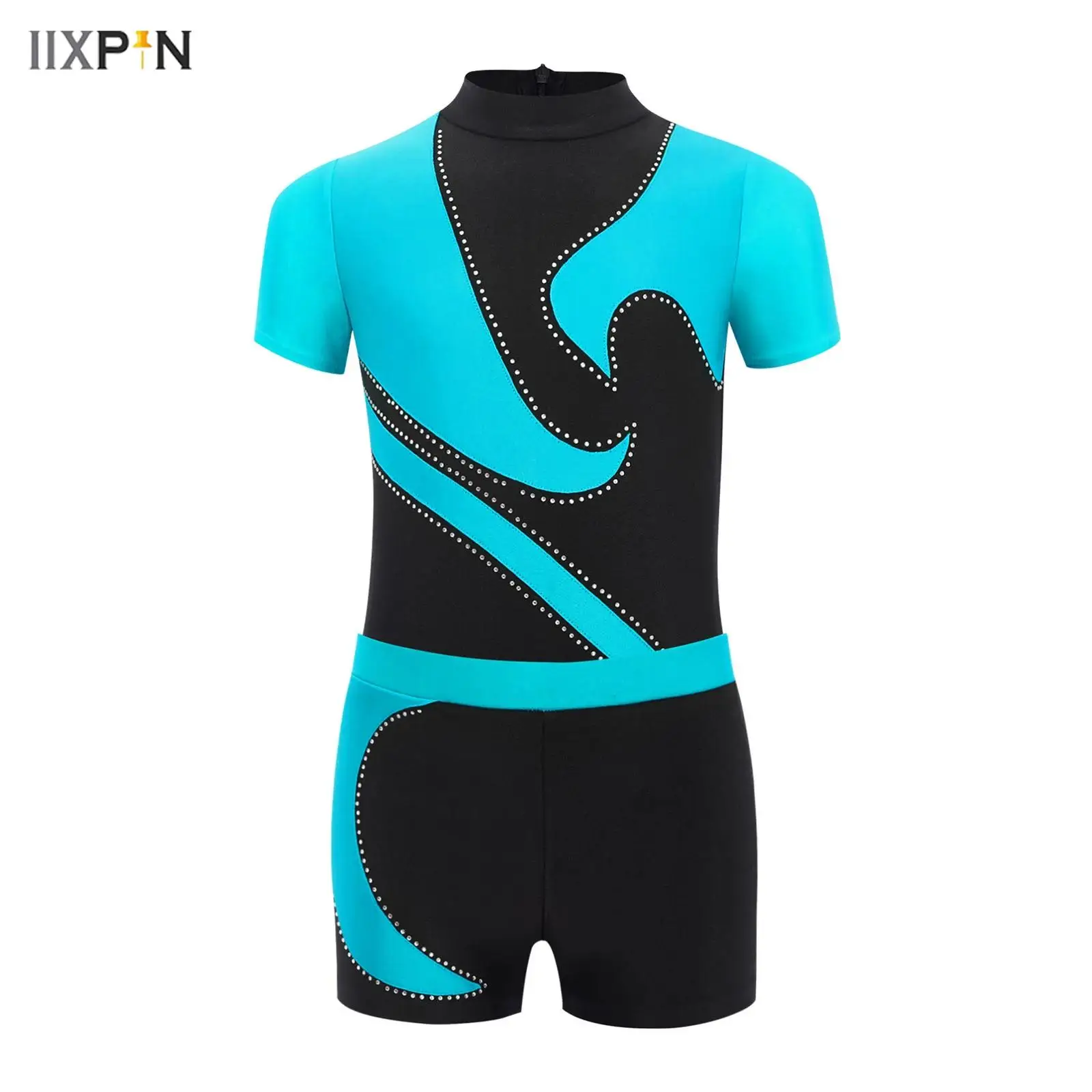 

Kids Boys Color Block Patchwork Gymnastics Outfits Short Sleeve Zipper Leotard with Shorts for Stage Performance Competition