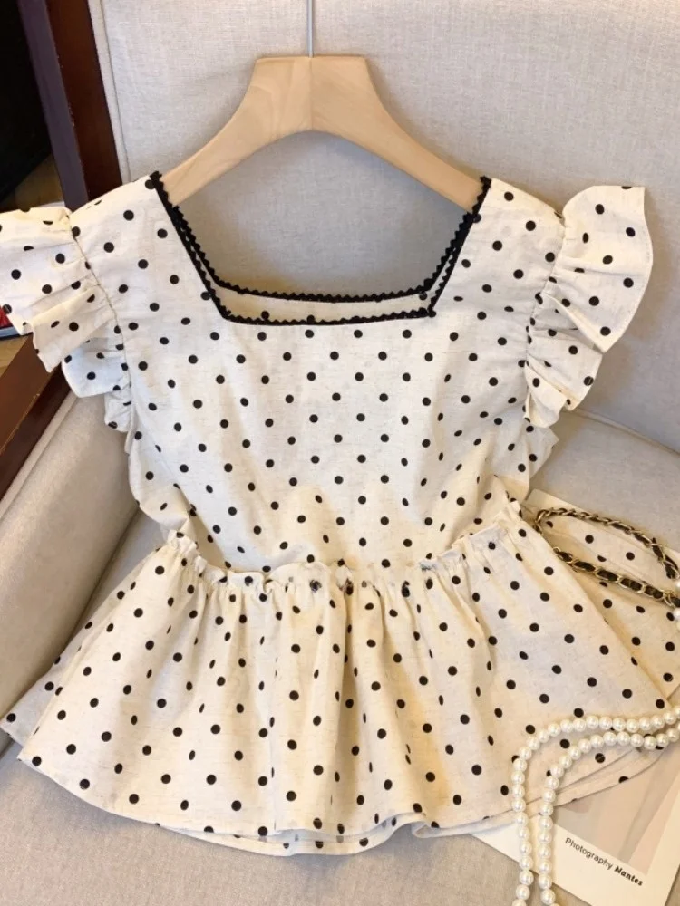 

Chic Summer Polka Dot Cotton Linen Shirt Women's Fashionable Youthful Skirt Doll Shirt Square Collar Short Sleeve Blouse