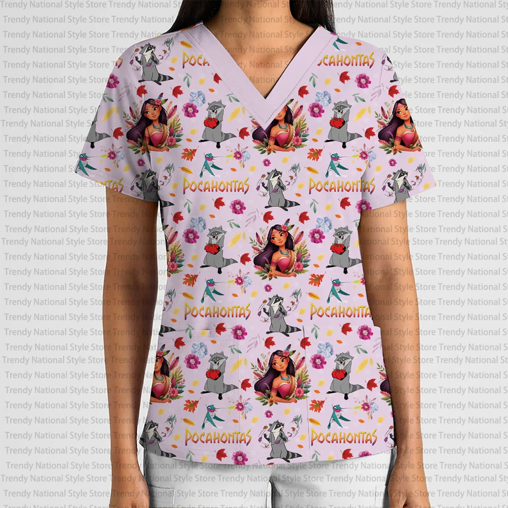 Christmas Disney Princess Cartoon Print V-Neck Pocket Scrub Top Women's Clothing Nursing Clothes Dental Pet Shop T-shirt