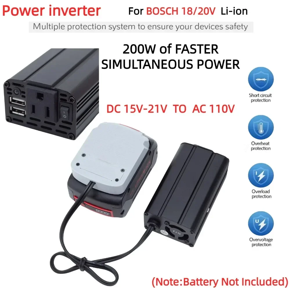 

200W Portable Power Inverter for BOSCH 18/20V Battery ,DC 15V-21V To AC 110V Powered with USB 5V 2.4A for UK EU AU（No Battery）