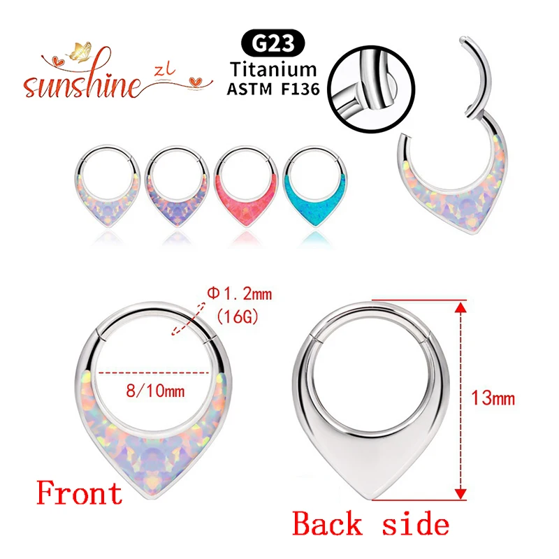ASTMF136 Titanium Anodizing 16G Opal Waterdrop Septum Hoop Ring Hinged Segment Nose Clicker Tragus Helix Daith Earring Piercing