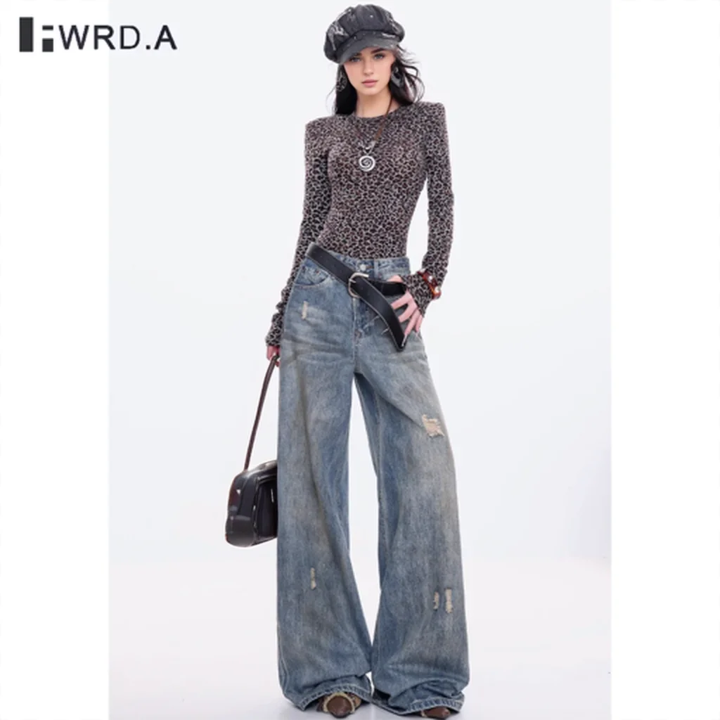 

FWRD 2025 Vintage Graffiti Patchwork Ripped Jeans For Women High Waist Slim Straight Floor-Length Pants Autumn#FWRD6026