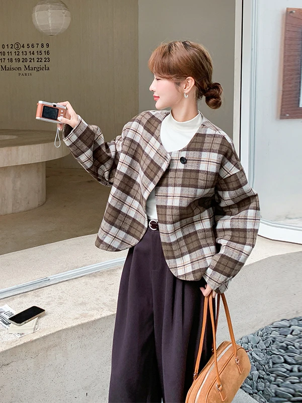 

Корейское ретро-пальто в клетку из шерсти для женщин, новое, осенне-зимнее, из двойной шерстяной ткани, с круглым вырезом, длинными рукавами, утепленное
