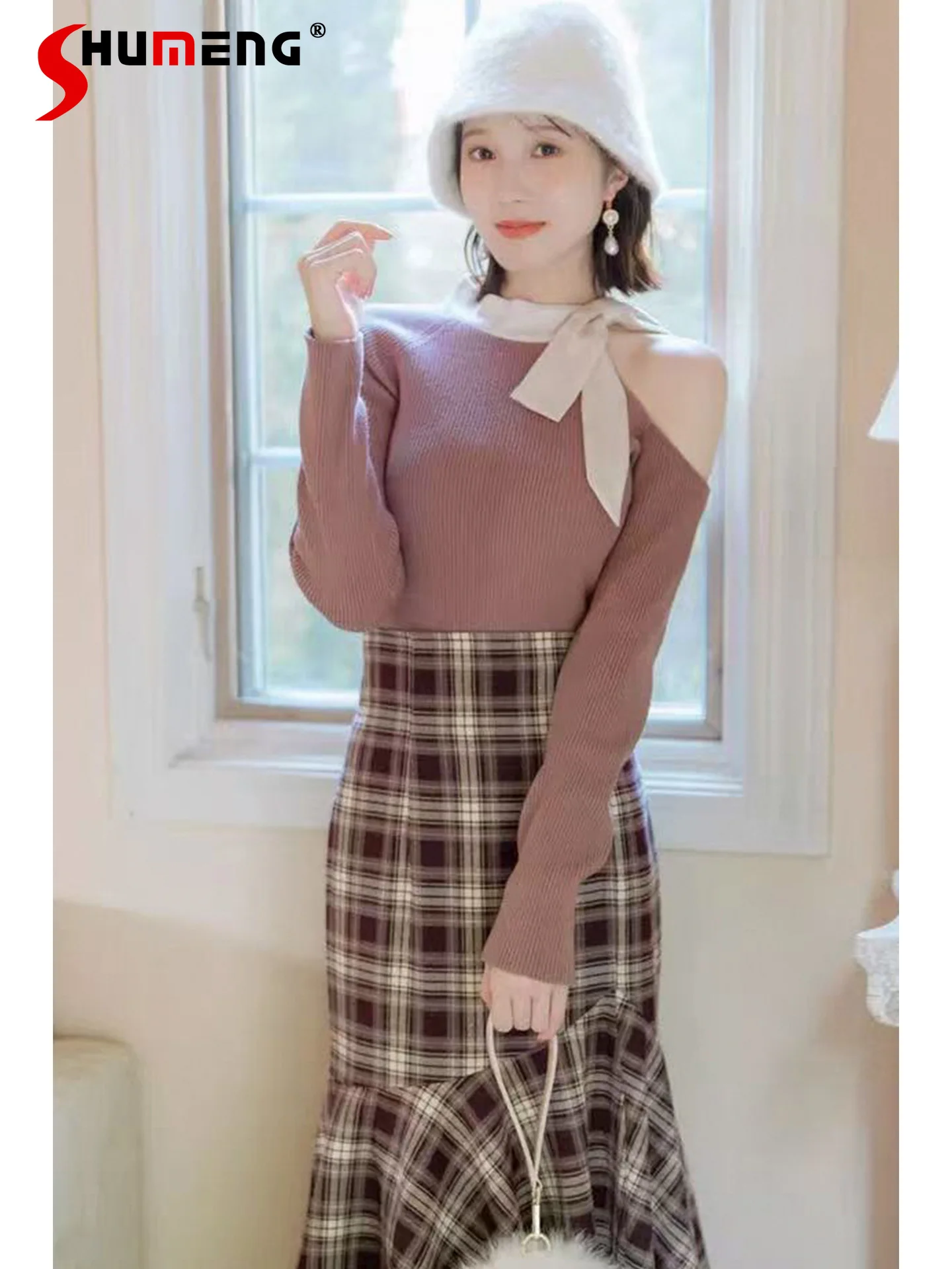 

Japanese Style Elegant Fashion Sweet Versatile Off-Shoulder Lace-up Slim Long Sleeve Knitted Pullovers Sweaters for Women Autumn