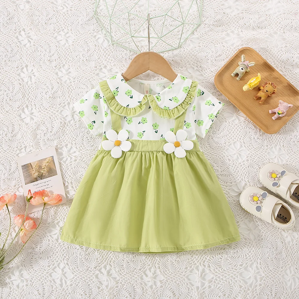 Summer New Baby Girls Dress Short Sleeve Lapel Lace Pleated Flower Pattern Halter Pleated Sweet Princess Dress (0-3 Years)