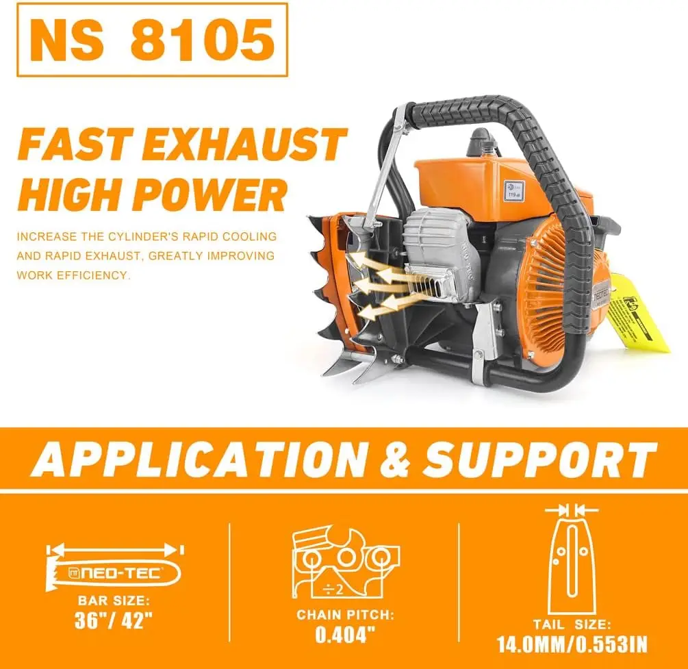 Neo-Tec Ns8105 Gas Chainsaw Fit For 36''/42'' Guide Bar Chain,2-Cycle Power Head 105Cc Power Chain Saw 4.8Kw 6.5Hp Gasoline