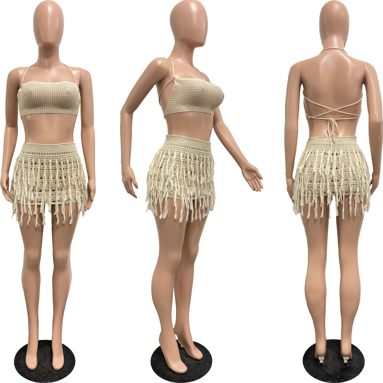 Sexy summer crochet knitted hollow out two pieces skirt set with knit halter top and tassel mini knit skirt