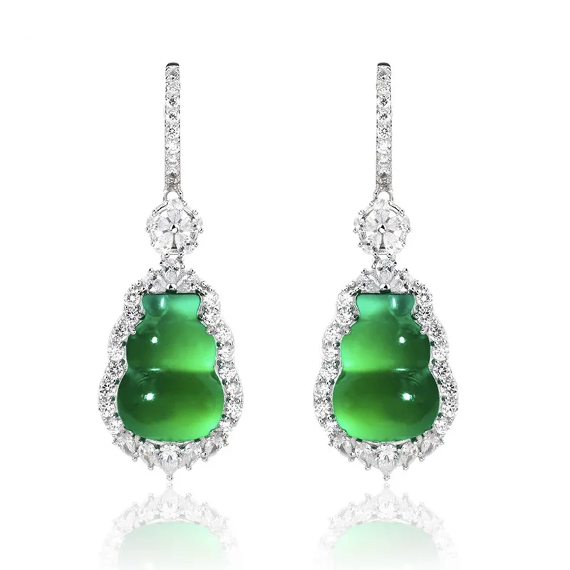 S925 Silver Ear Nail High Carbon Diamond Natural Jade Marrow New Chinese Oriental Aesthetics Series Gourd Earring Jewelry