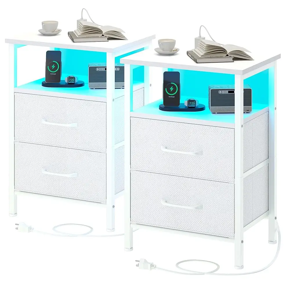 

Nightstands Set Of 2, Night Stand With Charging Station And Led Lights, Bedside Table With 2 Fabric Drawers For Bedroom, Small