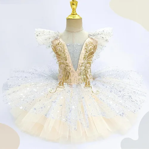 Imagen 2 del producto Vestido de Ballet con lentejuelas para niños, disfraz de actuación, vestido de baile moderno plateado para niña, fiesta con imagen de Ballet para niños