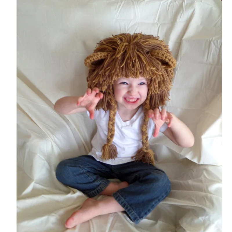 Autumn Winter Baby Wig Hat Knitted Handmade Toddler Kids Lion Hat Caps Boys Girls Cosplay Party Fun Hat Beanie Halloween