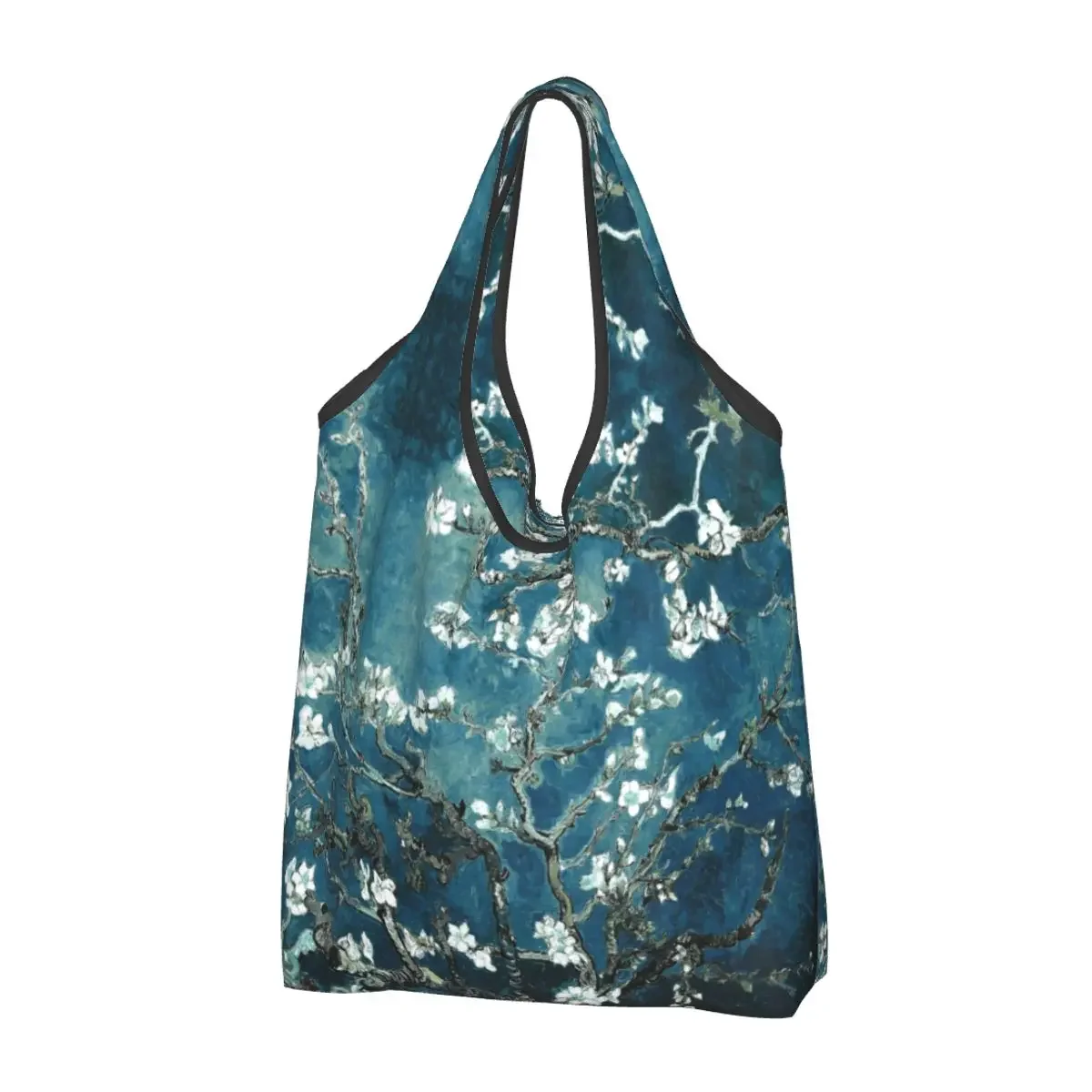 Bolso de compras con estampado Kawaii de flores de almendra, bolso de hombro portátil con pintura de flores
