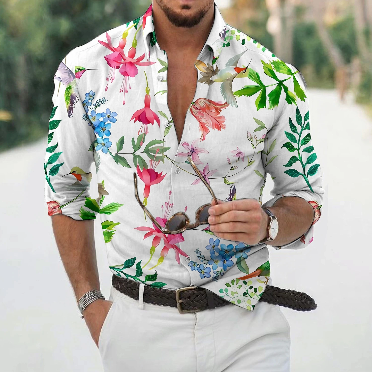 Camisa de manga larga con botones para hombre, camisa Vintage con estampado de flores, Social, Formal, ropa de negocios informal, blusa de calle Harajuku