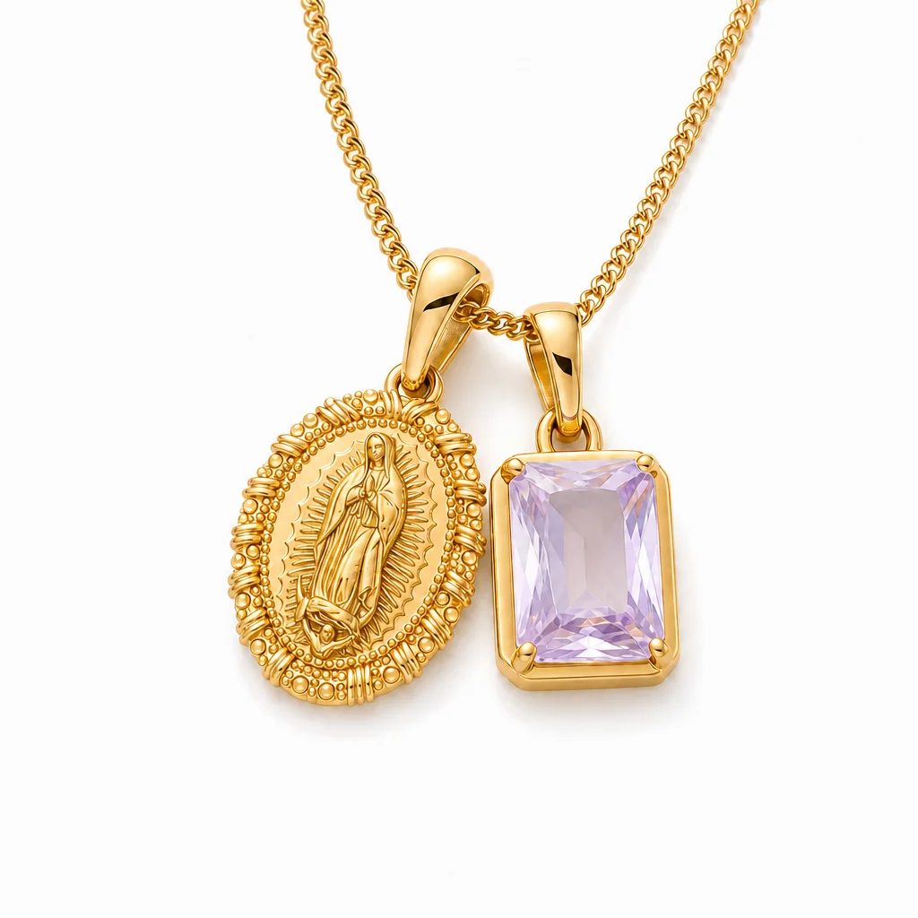 Our Lady Of Guadalupe Necklace, Gold Virgin Mary Pendant With Lavender Cz, Religious Jewelry