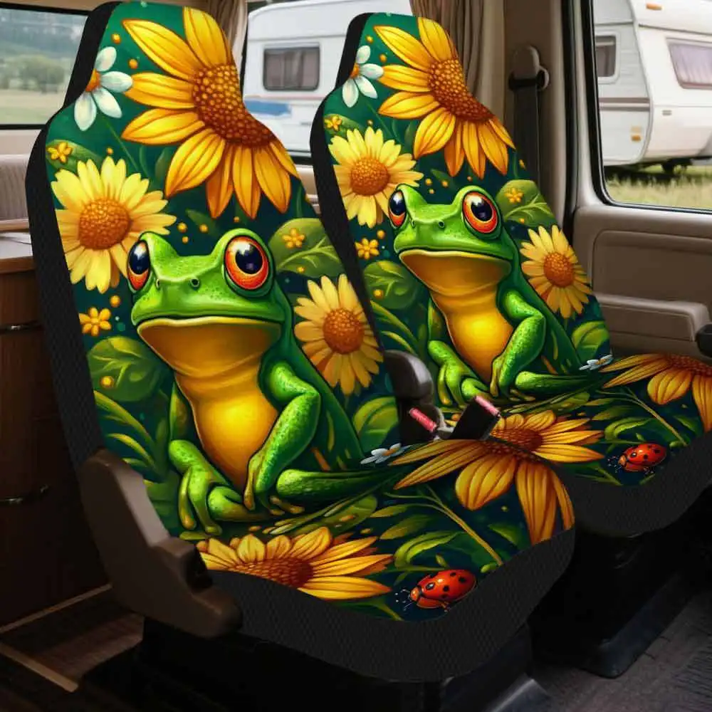 2pcs Seat Covers Set, Colorful Frog And Sunflowers Print, Chic Vehicle Seat Covers. Fits Holiday Festival Trips & Daily Gas Ru
