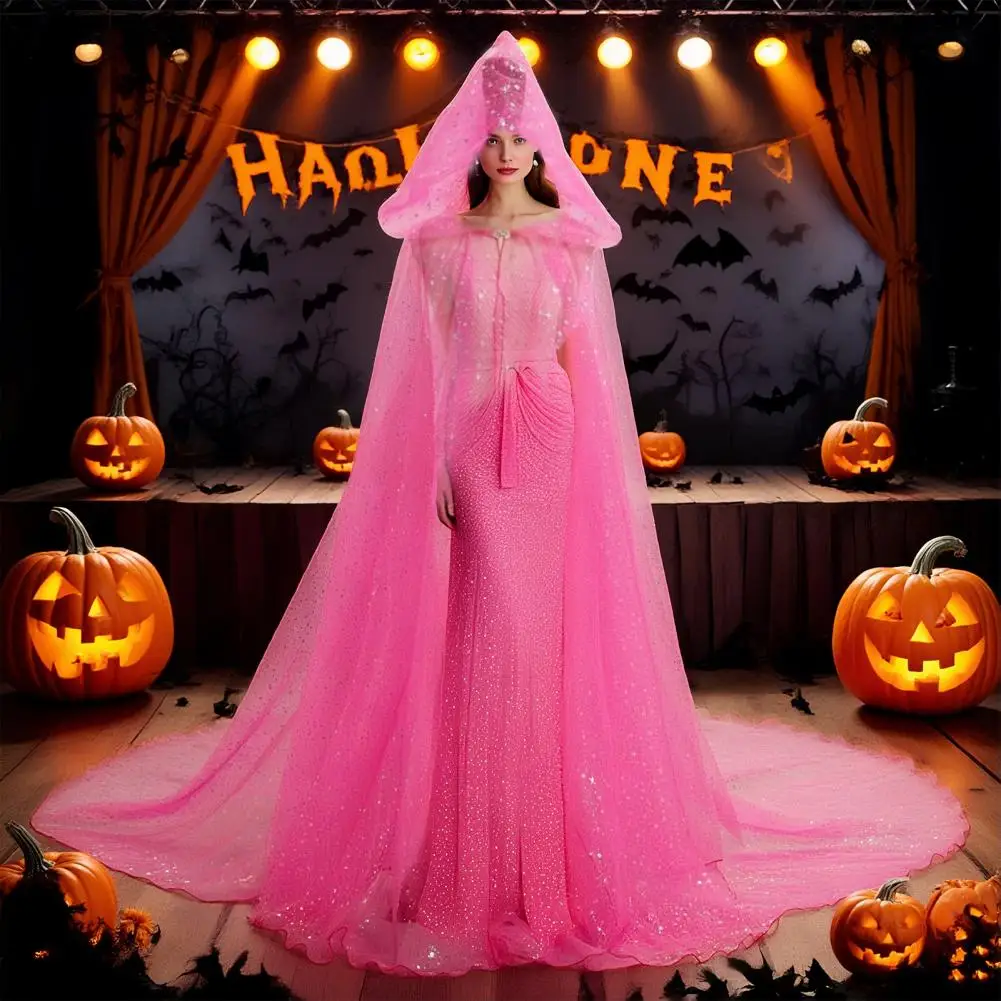 Women Tulle Hooded Cape with Long Train Sparkling Long Sheer Elf Cloak Gothic Witch Robe Costume for Bride Halloween Cosplay