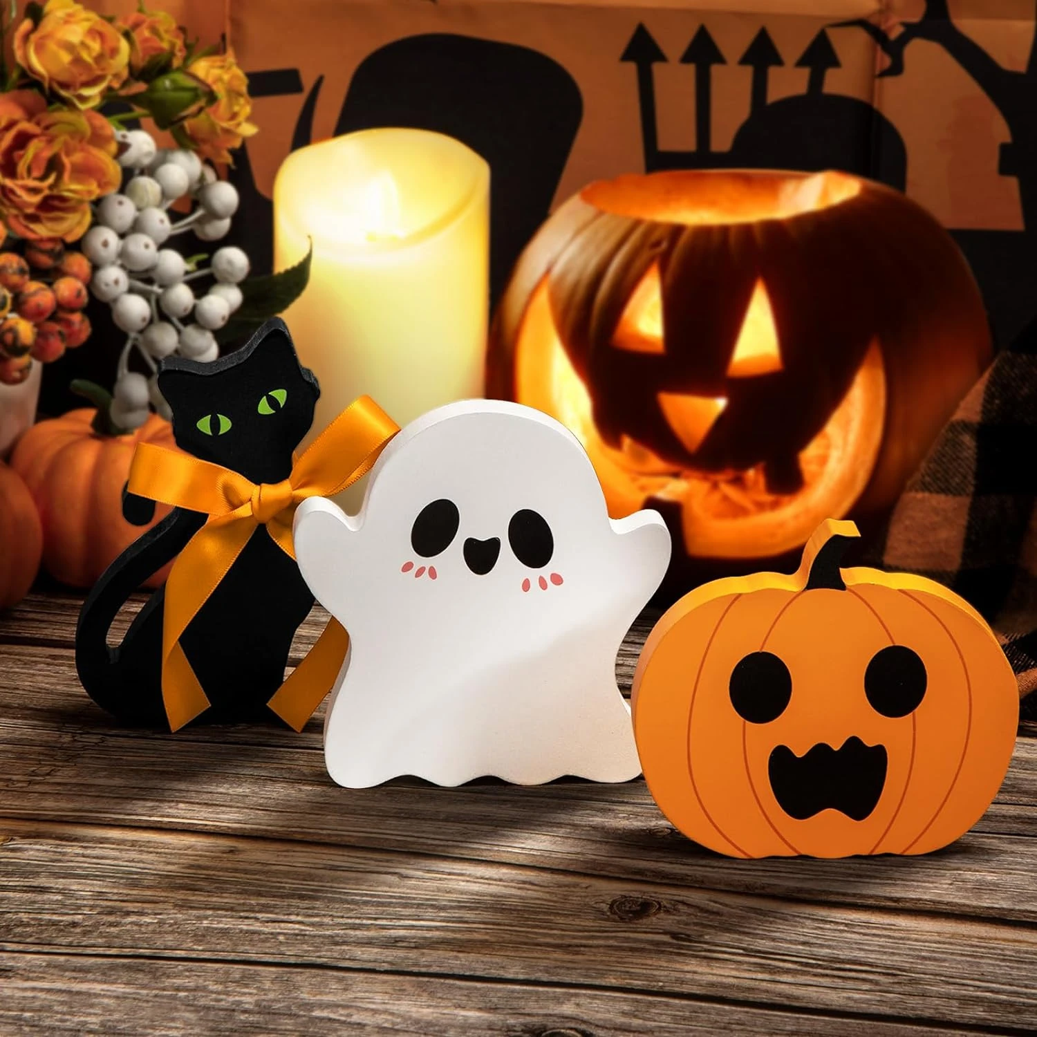 Cute Halloween Tiered Tray Decorations Indoor, Ghost Wooden Decor Pumpkin Blocks Signs for Party  Decoration (Set of )