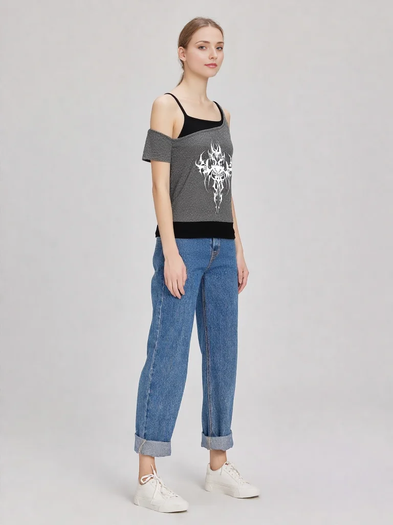 

Y2K Punk Gothic Hip Hop Short Sleeve T-Shirt Harajuku Creative Comic Pattern Printed Crop Top Fashion Casual Versatile Women Tee