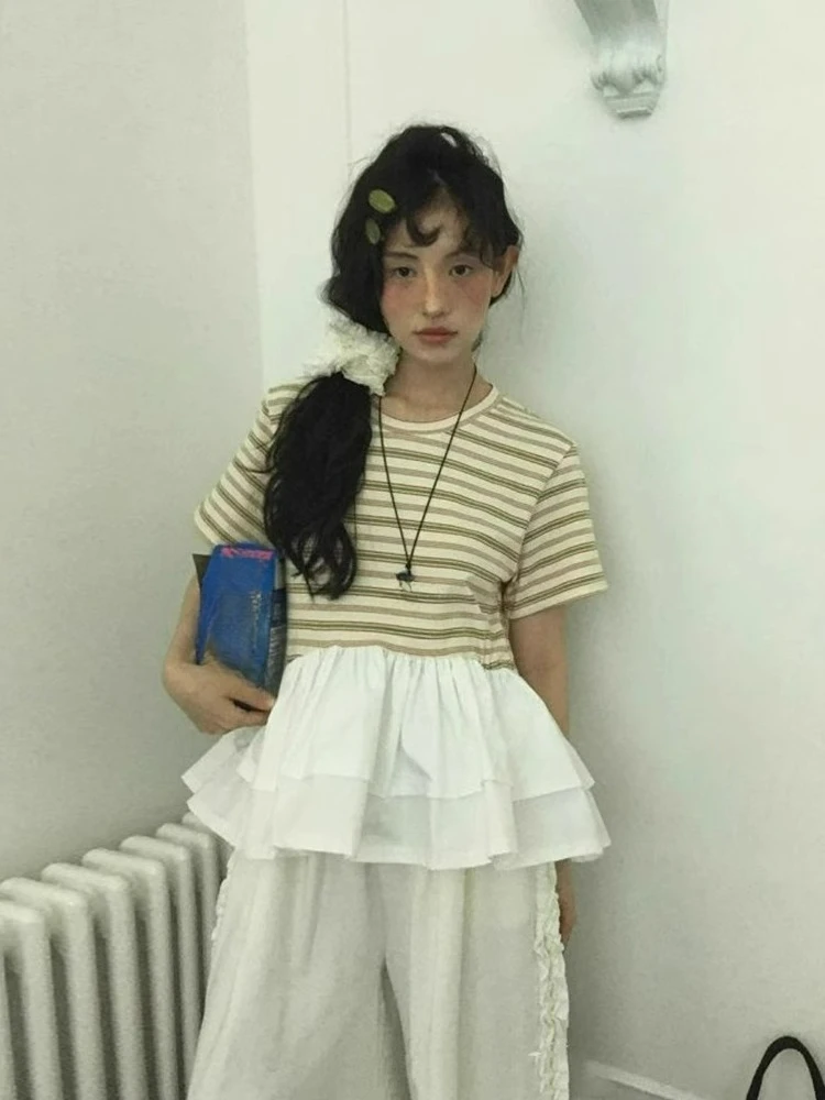 

Splicing Ruffle Hem Striped T-shirt for Summer New Color Blocking Versatile Short Sleeved Top