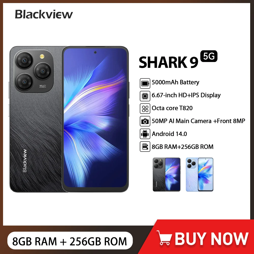 Blackview SHARK 9 5G Smartphone Android 14 Octa Core 8GB+256GB 50MP AI Camera 5000mAh 18W 6.67'' HD+ 90Hz Display Cellphone NFC