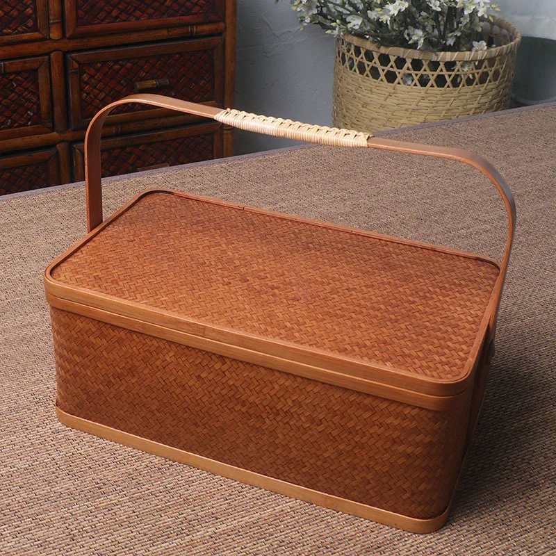 2 in 1 Bamboo Tea Storage Box Portable Travel Handheld Tea Basket Retro Japanese Style Set Organizer Outdoor Tea Packaging