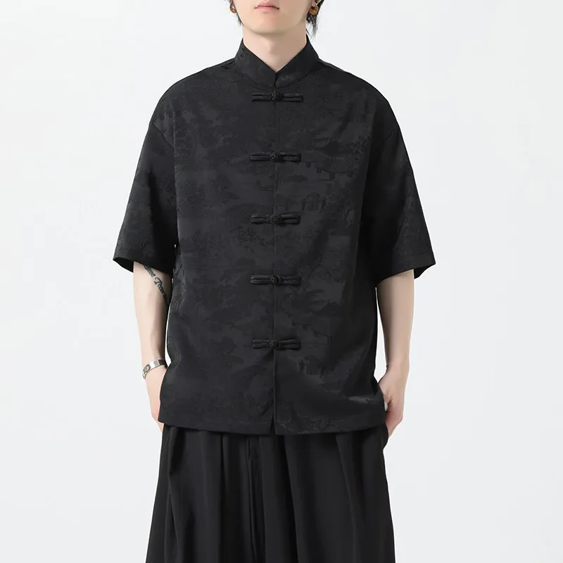

Men New Chinese Style Short Sleeve Shirt Men Texture Dark Pattern Hanfu Blouse Traditional Frog Buttons Retro Tang Suit Tops
