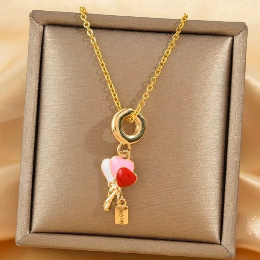 1 Piece Titanium Steel Chain Cute Pink Red Love Heart Hot Air Balloon Lollipop Pendant Necklace for Women, Girly Jewelry Gift