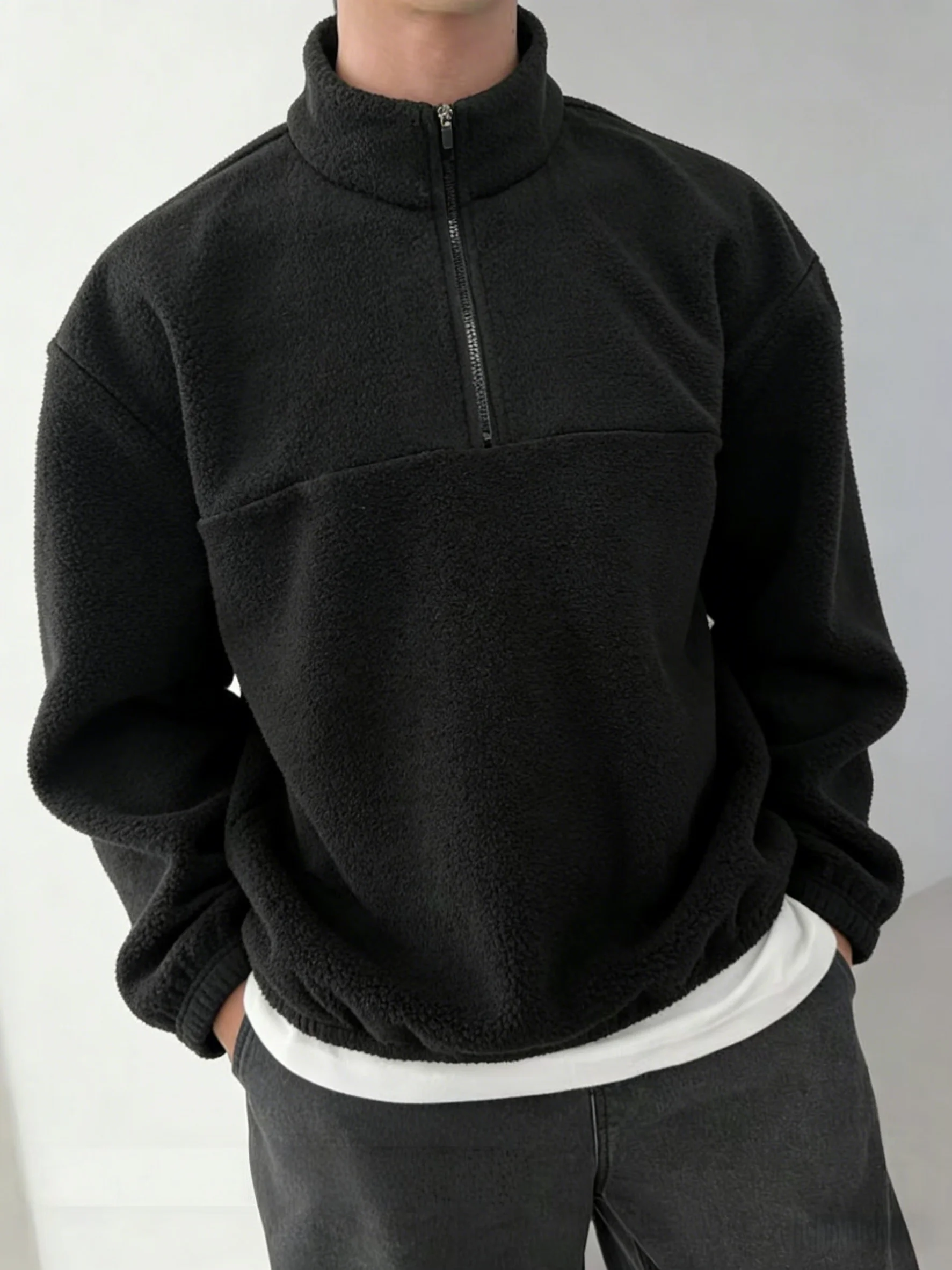 Men Half Zip Fleece Sweatshirt, Stand Collar Loose Solid Color Warm Autumn Daily Street Casual Pullover Jacket view 4