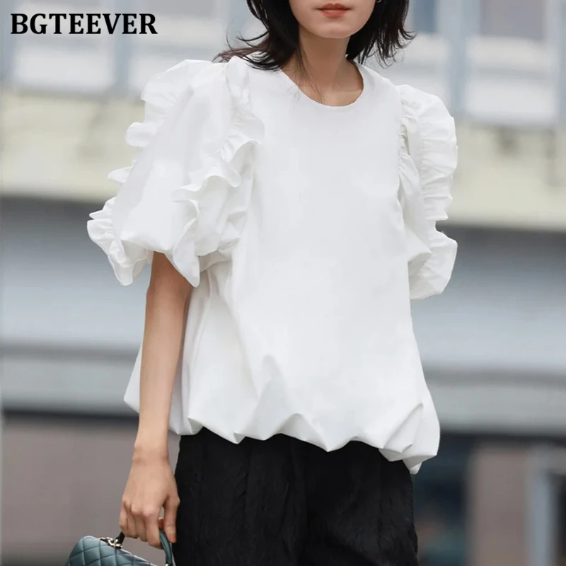 BGTEEVER Stylish O-neck Loose Female Pullovers Blouses Spring Summer Fashion Short Sleeve Ladies Blouses Shirts Women Tops