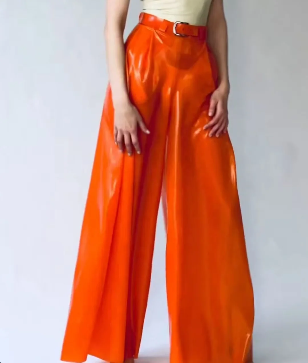 

Fancy Woman Latex Loose Pants Fetish Latex Lady's Straight-Leg Pants Latex Casual Jeans No Zip Halloween Cosplay Costume