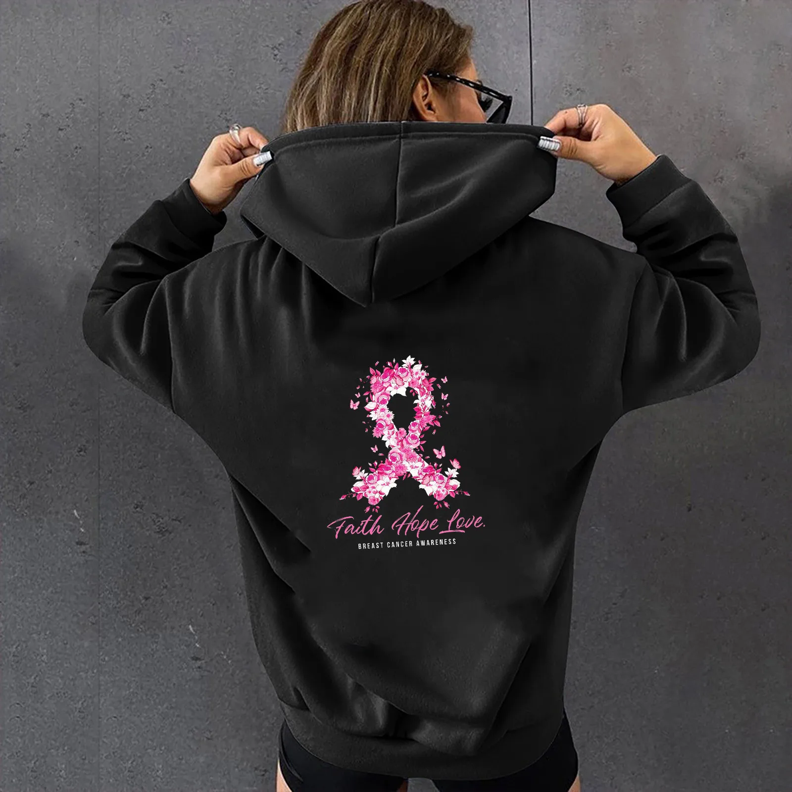 

Women's Breast Cancer Ribbon Print Casual Hooded Solid Color Long Sleeve Pocket Sweatshirt Kpop Korean Style Loose Sweatshirt
