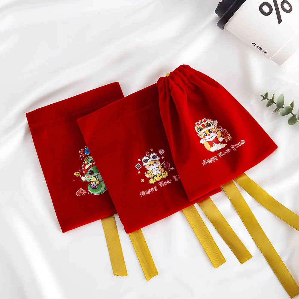 10Pcs Lovely Red Jewelry Drawstring Bag New Year Gift Packaging Pouches Candy Melon Seeds Peanuts Organizer Earrings Ring Pocket