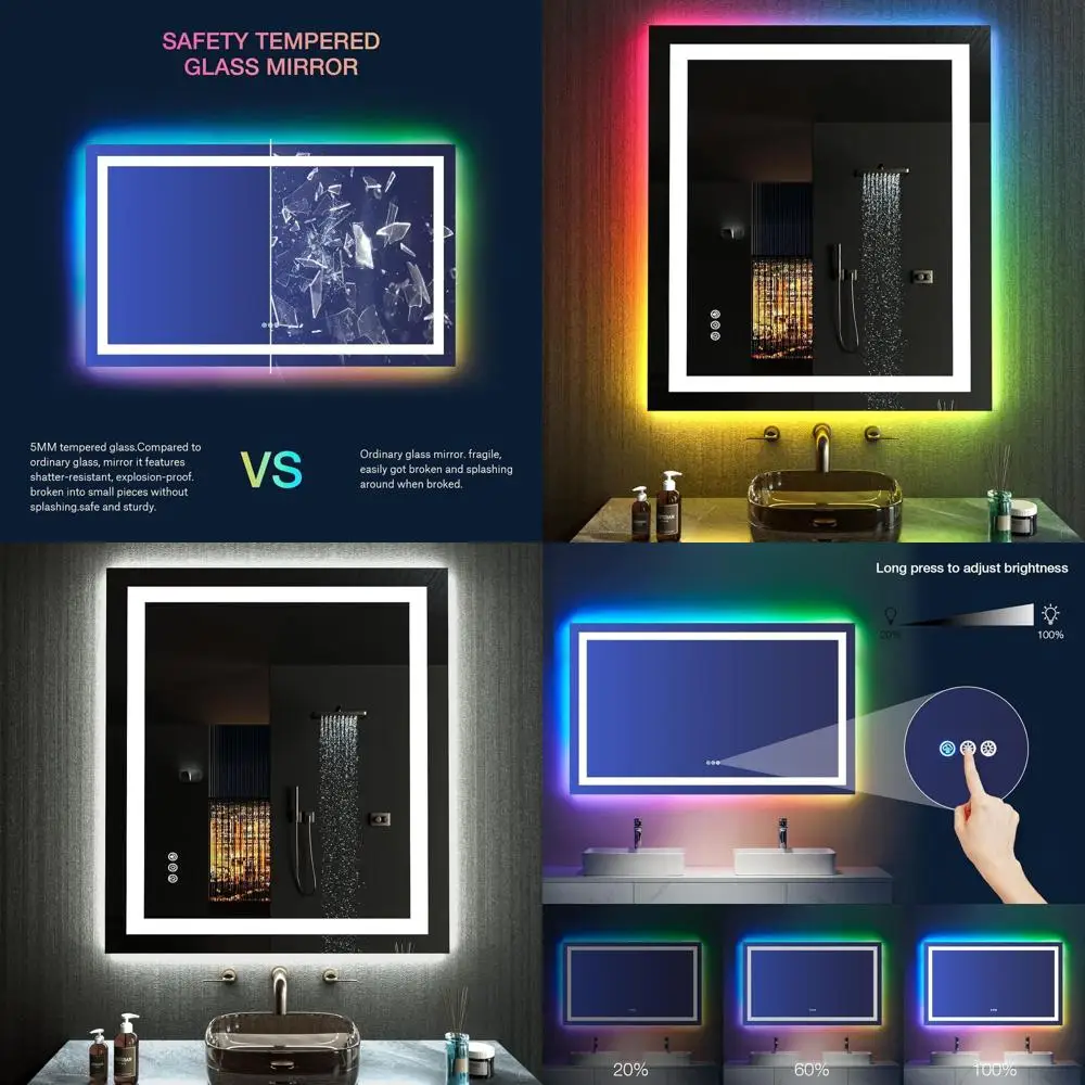 

Large LED-Illuminated Bathroom Mirror, 24x30, Anti-Fog, Dimmable, RGB Lighting, Tempered Glass with Memory Function