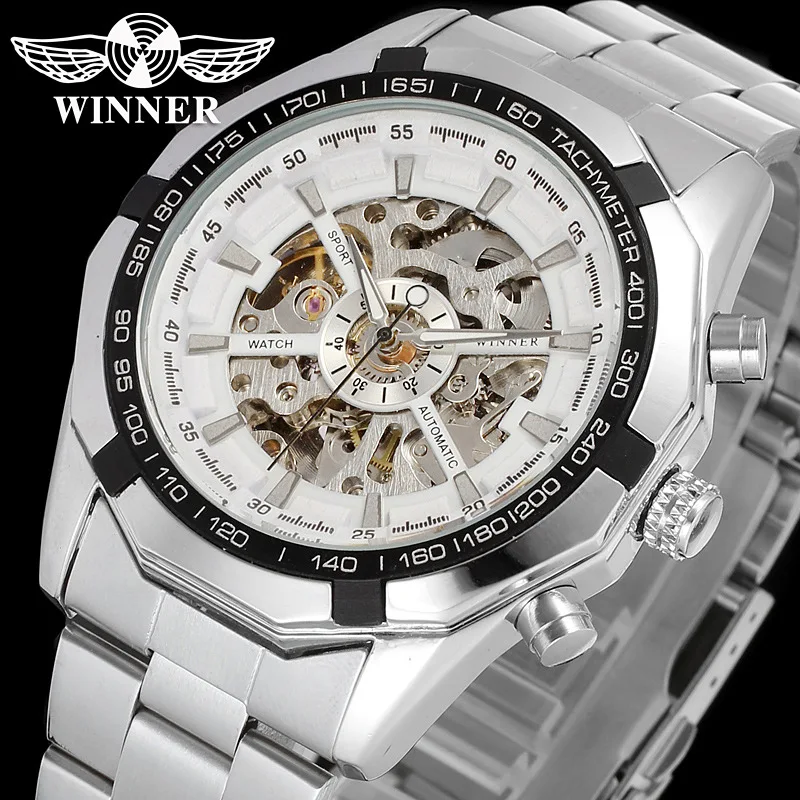 Fashion Winner Top Brand Men's Hollowed Out Fully Automatic Mechanical Stainless Steel Wirst Watches