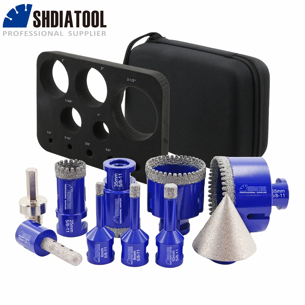 

SHDIATOOL 10Pcs 6/8/10/25/35/50/65mm Diamond Drill Bits+10mm Milling Bits+50mm Diamond Chamfer+Hex Adapter Ceramic Tile Tool Set