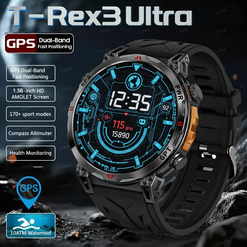 

2025 New Military T-Rex 3 Ultra Smart Watch 1.56" HD AMOLED Screen 5ATM Waterproof Heart Rate Sports tracker Smartwatch Men